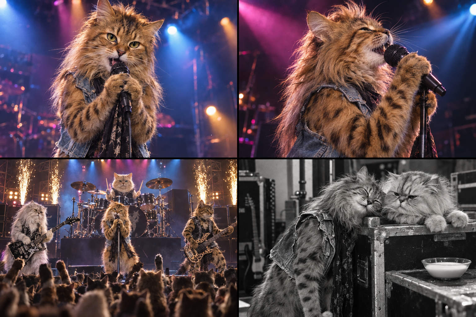 Def Leopard concert concept: colorful arena close-ups and black-and-white backstage cats